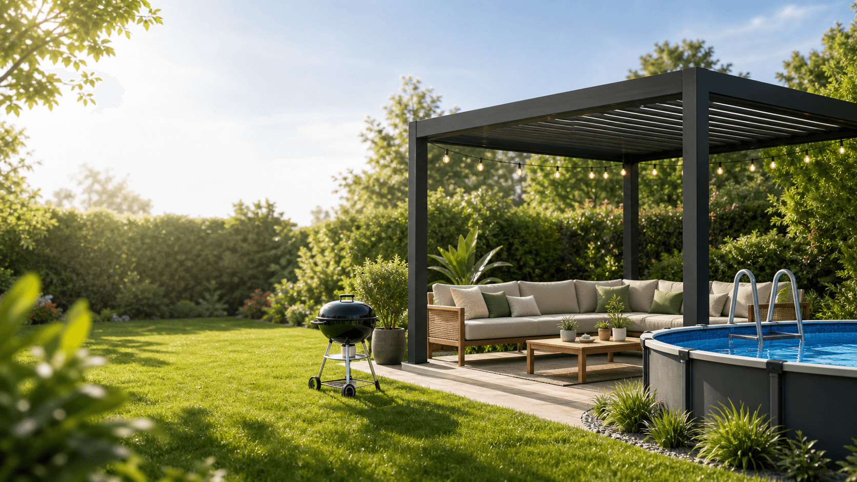 Pergola, salon de jardin et piscine dans un extérieur aménagé