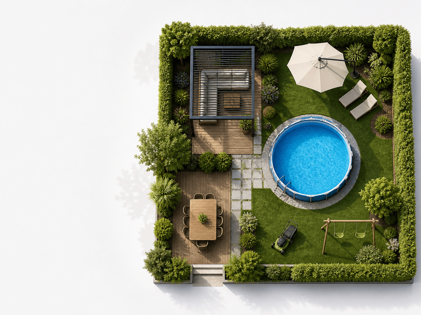 Vue du dessus d'un jardin avec piscine et terrasse