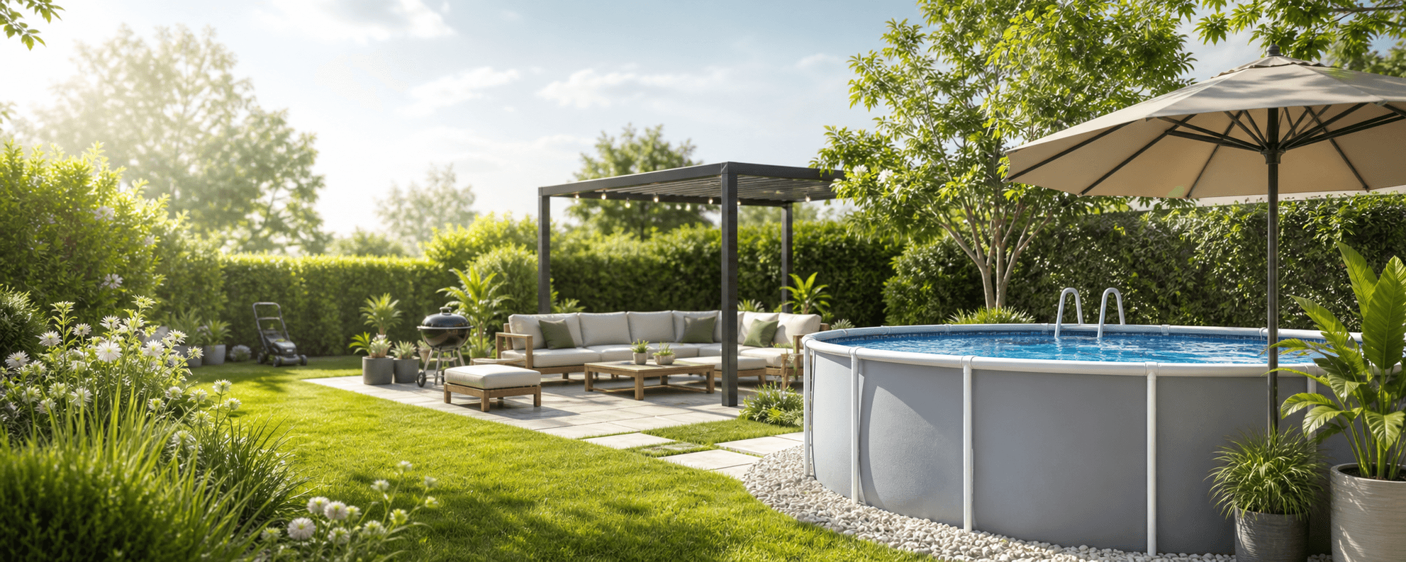 Piscine hors-sol, pergola et salon extérieur dans un jardin lumineux