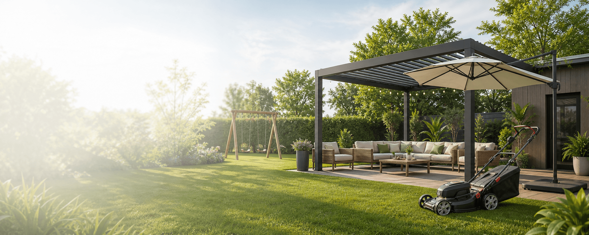 Pergola, parasol, tondeuse et mobilier de jardin dans un extérieur entretenu